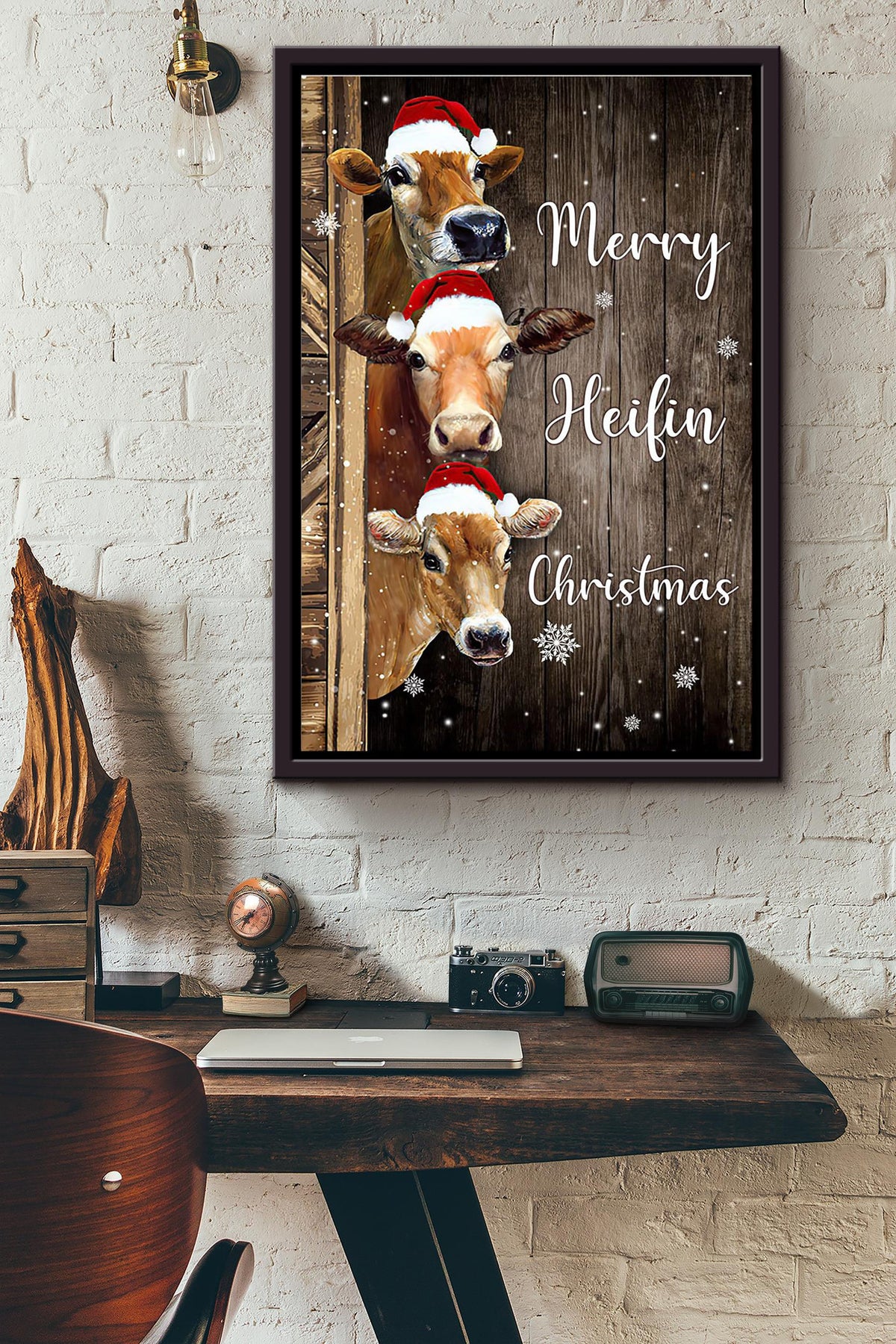 Merry Heifin Christmas Cow Poster Framed Matte Canvas