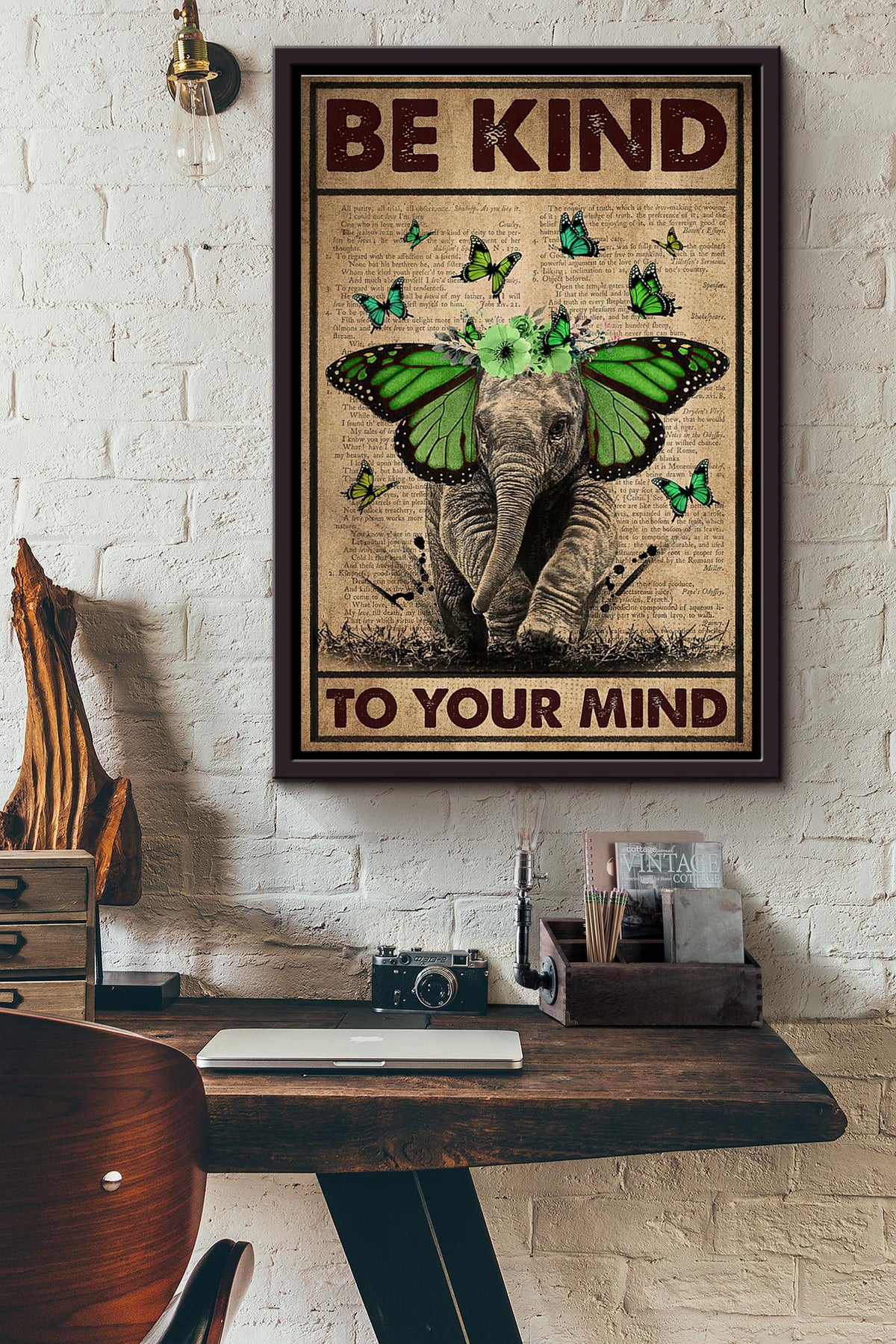 Elephant Green Ribbon Be Kind To Your Mind Dictionary Poster Framed Matte Canvas