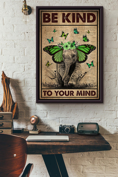 Elephant Green Ribbon Be Kind To Your Mind Dictionary Poster Framed Matte Canvas