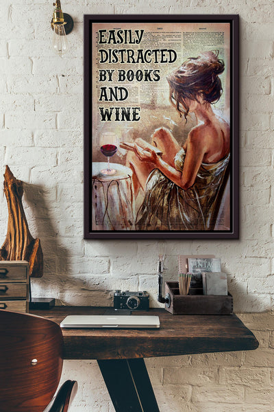Easily Distracted By Books And Red Wine Poster Framed Matte Canvas