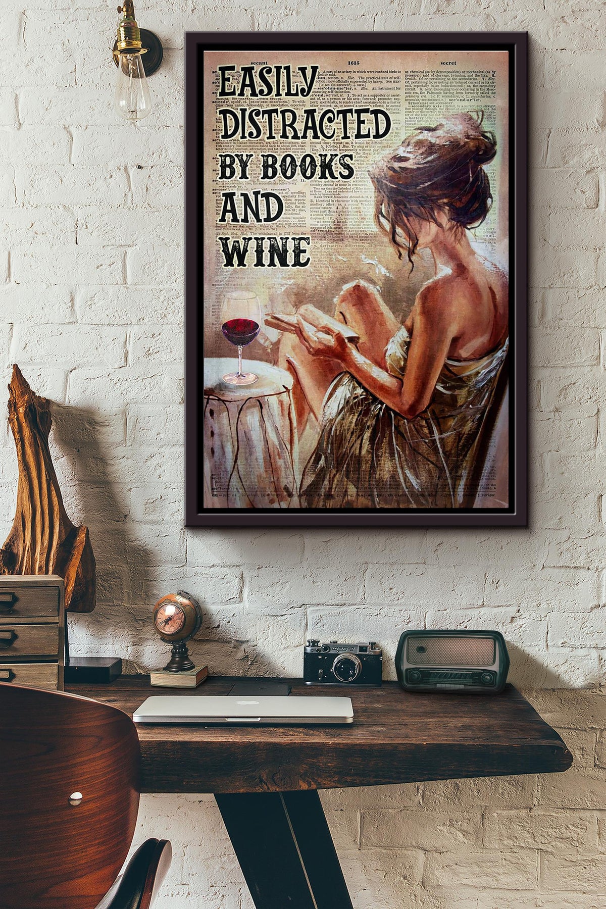 Easily Distracted By Books And Red Wine Poster Framed Matte Canvas
