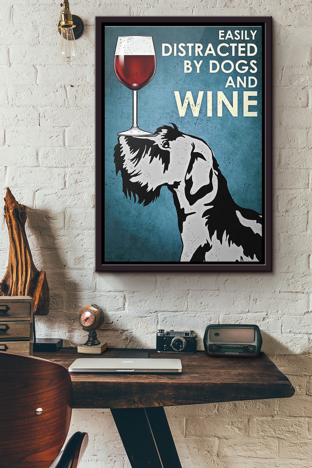 Miniature Schnauzer Easily Distracted By Dogs And Wine Poster Framed Matte Canvas
