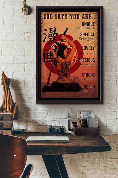 Samurai Girl God Says You Are Unique Special Lovely Precious Chosen Poster Framed Matte Canvas