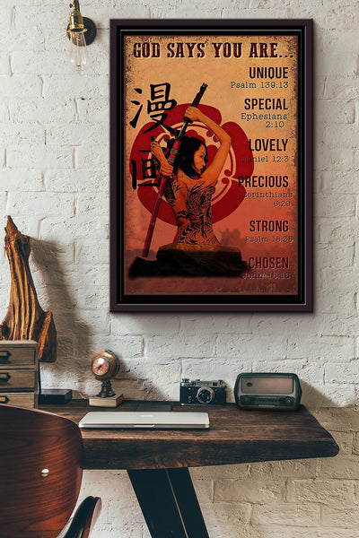 Samurai Girl God Says You Are Unique Special Lovely Precious Chosen Poster Framed Matte Canvas