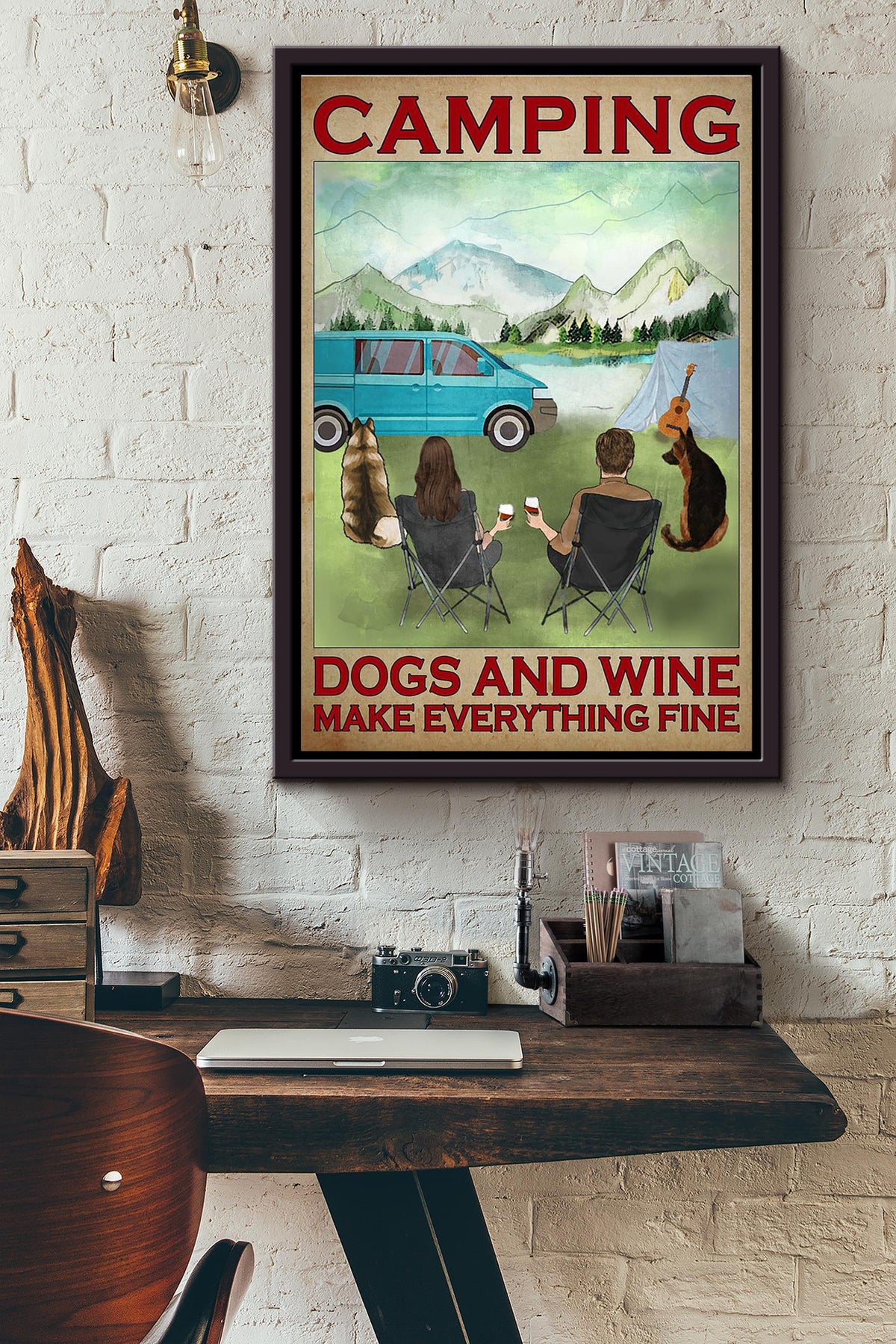 Camping Dogs And Wine Make Everything Fine Couple Go Camping Poster Framed Matte Canvas