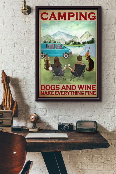 Camping Dogs And Wine Make Everything Fine Couple Go Camping Poster Framed Matte Canvas
