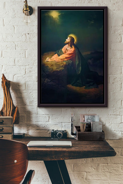 Jesus Praying In A Stone Cave At Night Poster Framed Matte Canvas