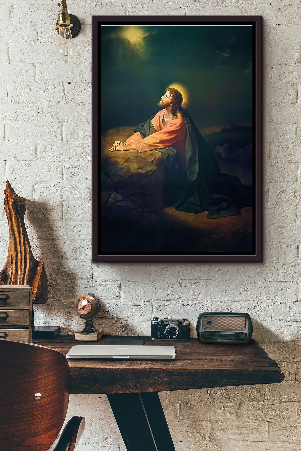 Jesus Praying In A Stone Cave At Night Poster Framed Matte Canvas