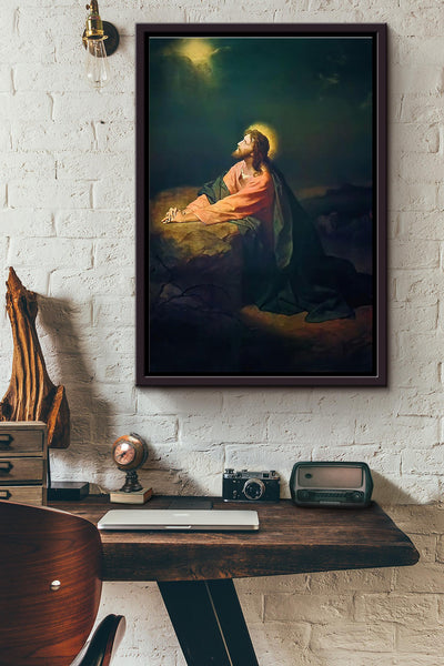 Jesus Praying In A Stone Cave At Night Poster Framed Matte Canvas