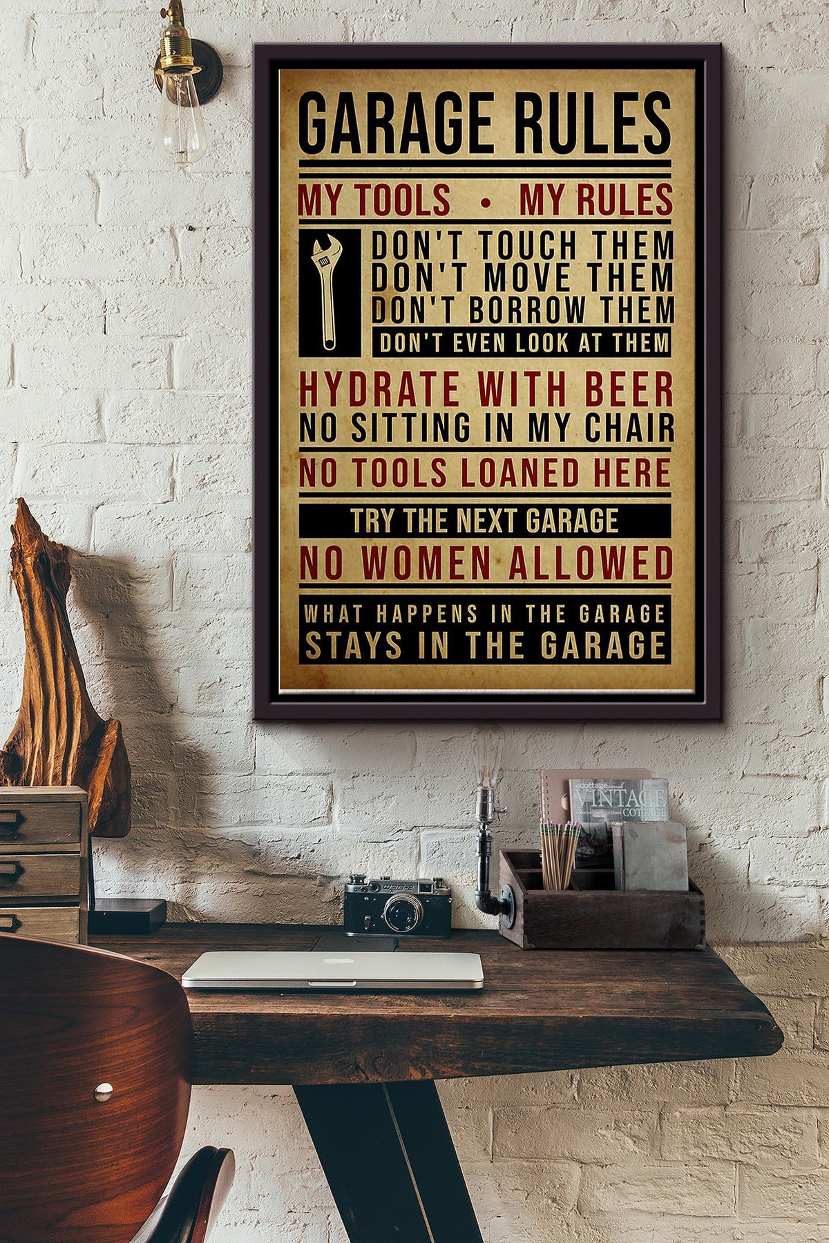 Garage Rules My Tools My Rules Worker In Garage Mechanic Poster Framed Matte Canvas