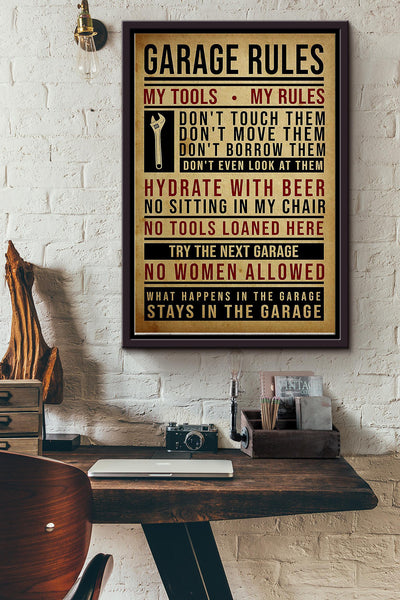 Garage Rules My Tools My Rules Worker In Garage Mechanic Poster Framed Matte Canvas