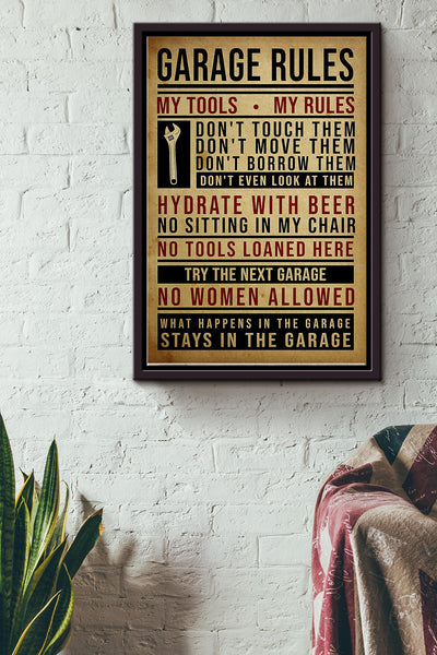 Garage Rules My Tools My Rules Worker In Garage Mechanic Poster Framed Matte Canvas