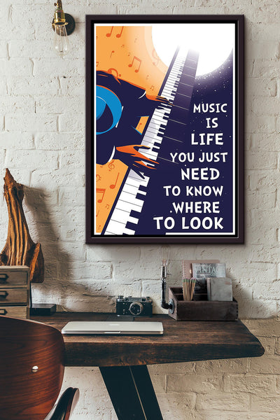 Music Is Life You Just Need To Know Where To Look Piano Artist Playing In The Moonlight Poster Framed Matte Canvas