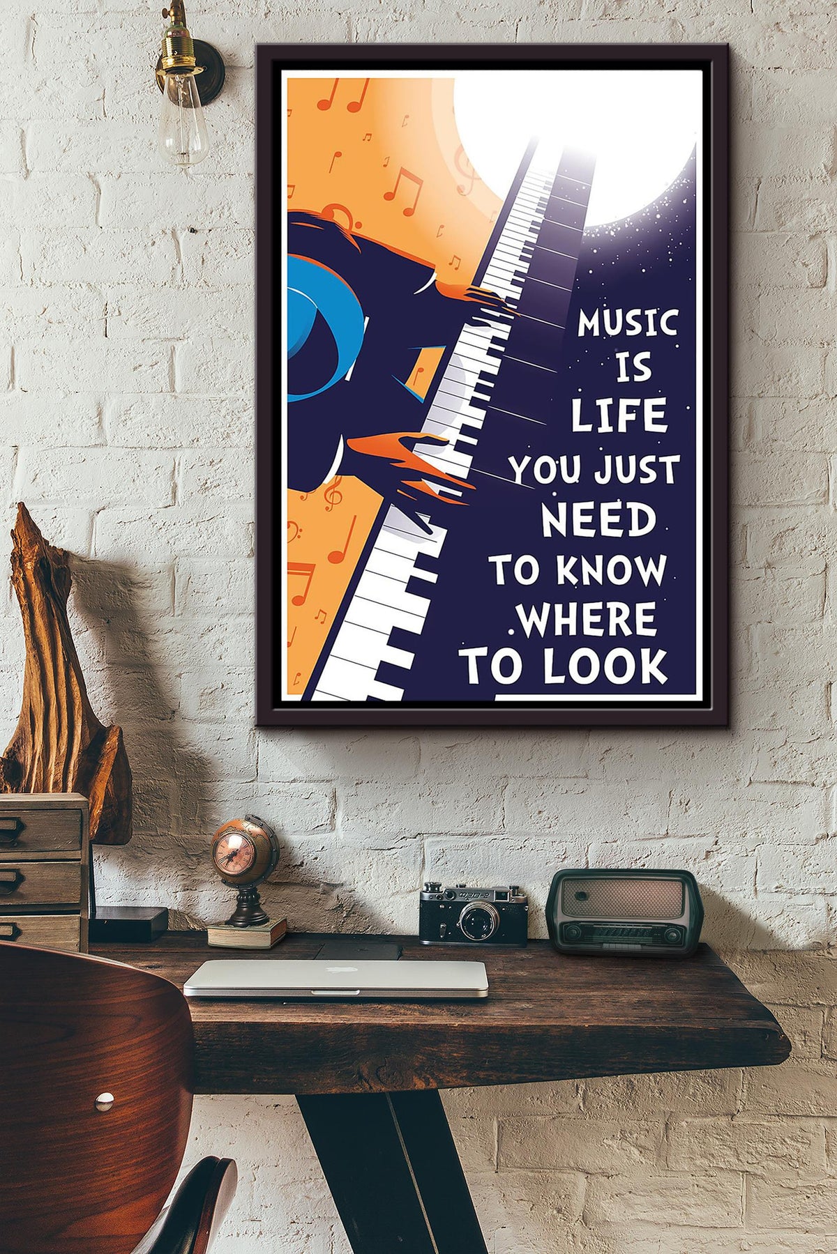 Music Is Life You Just Need To Know Where To Look Piano Artist Playing In The Moonlight Poster Framed Matte Canvas