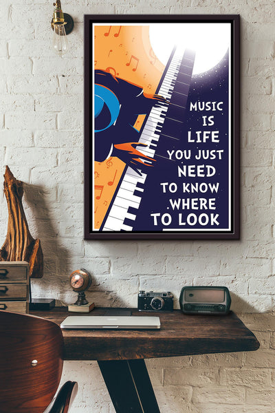 Music Is Life You Just Need To Know Where To Look Piano Artist Playing In The Moonlight Poster Framed Matte Canvas