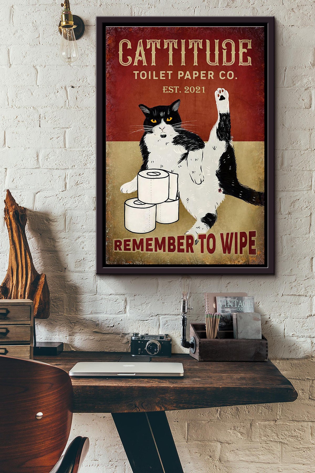 Cattitude Toilet Paper Remenber To Wipe Black Cat Poster Framed Matte Canvas