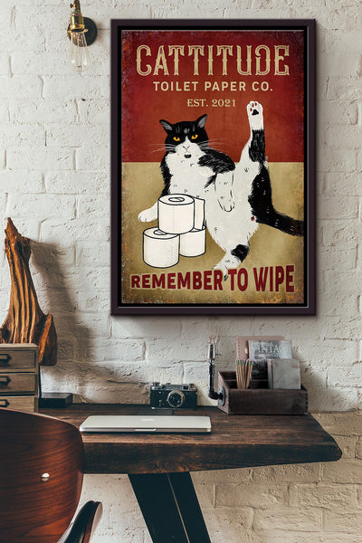 Cattitude Toilet Paper Remenber To Wipe Black Cat Poster Framed Matte Canvas