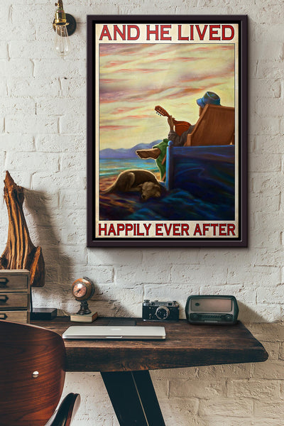 Man Guitar Dog And He Lived Happily Ever After Poster Framed Matte Canvas