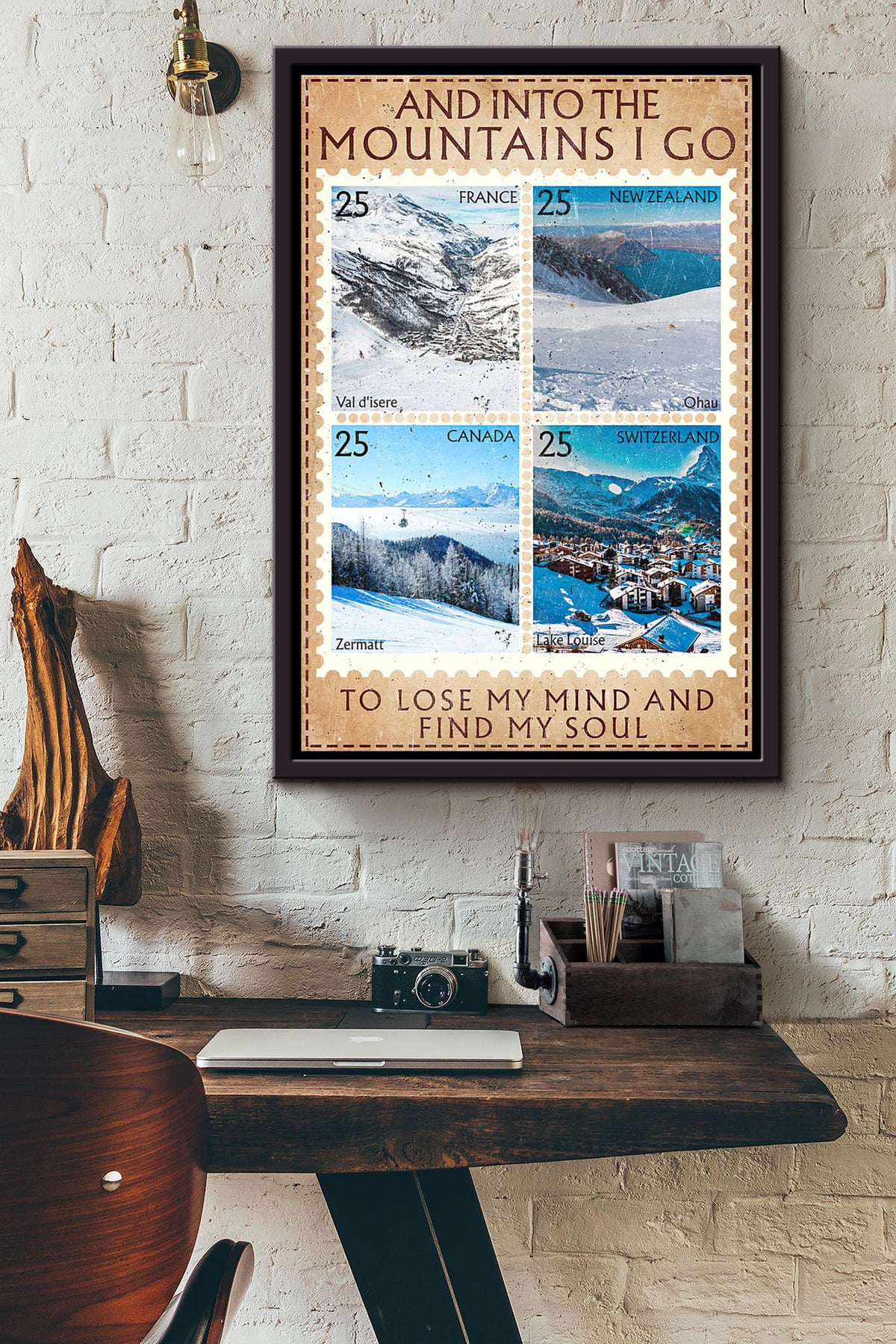 Skiing Traveling Into The Mountains I Go To Lose My Mind Poster Framed Matte Canvas