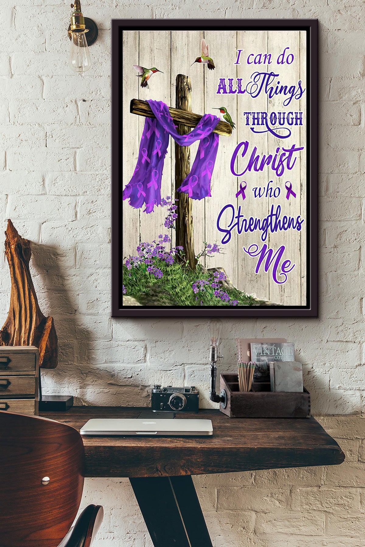 Purple Ribbon I Can Do All Things Through Christ Poster Framed Matte Canvas
