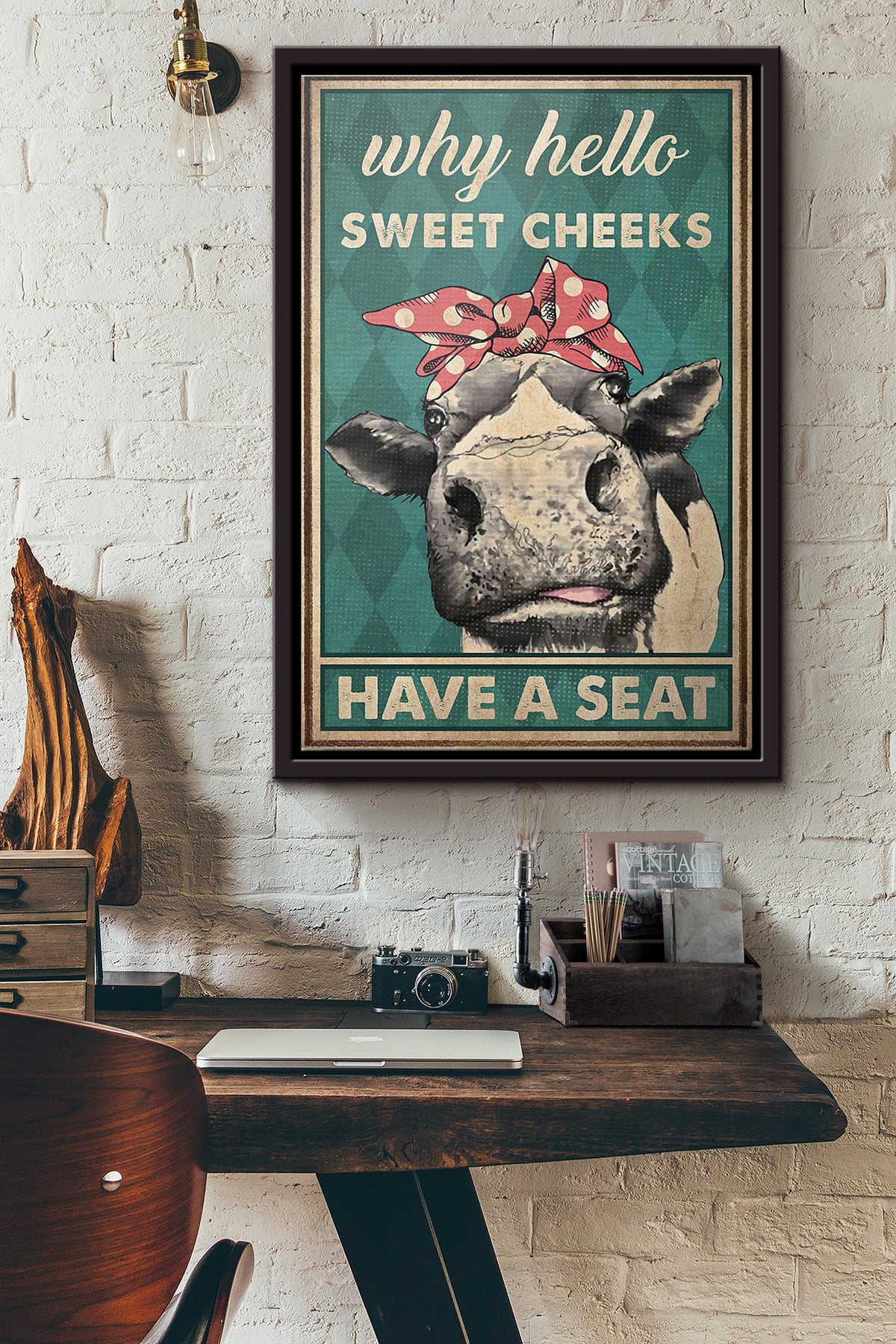 Lady Cow Why Hello Sweet Cheeks Have A Seat Poster Framed Matte Canvas