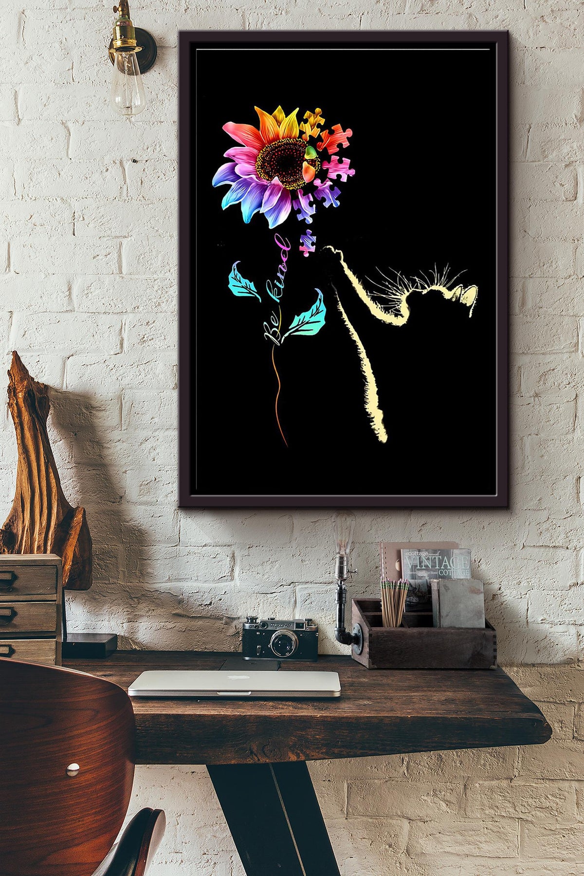 Black Cat And Sunflower Be Kind Puzzle Poster Framed Matte Canvas