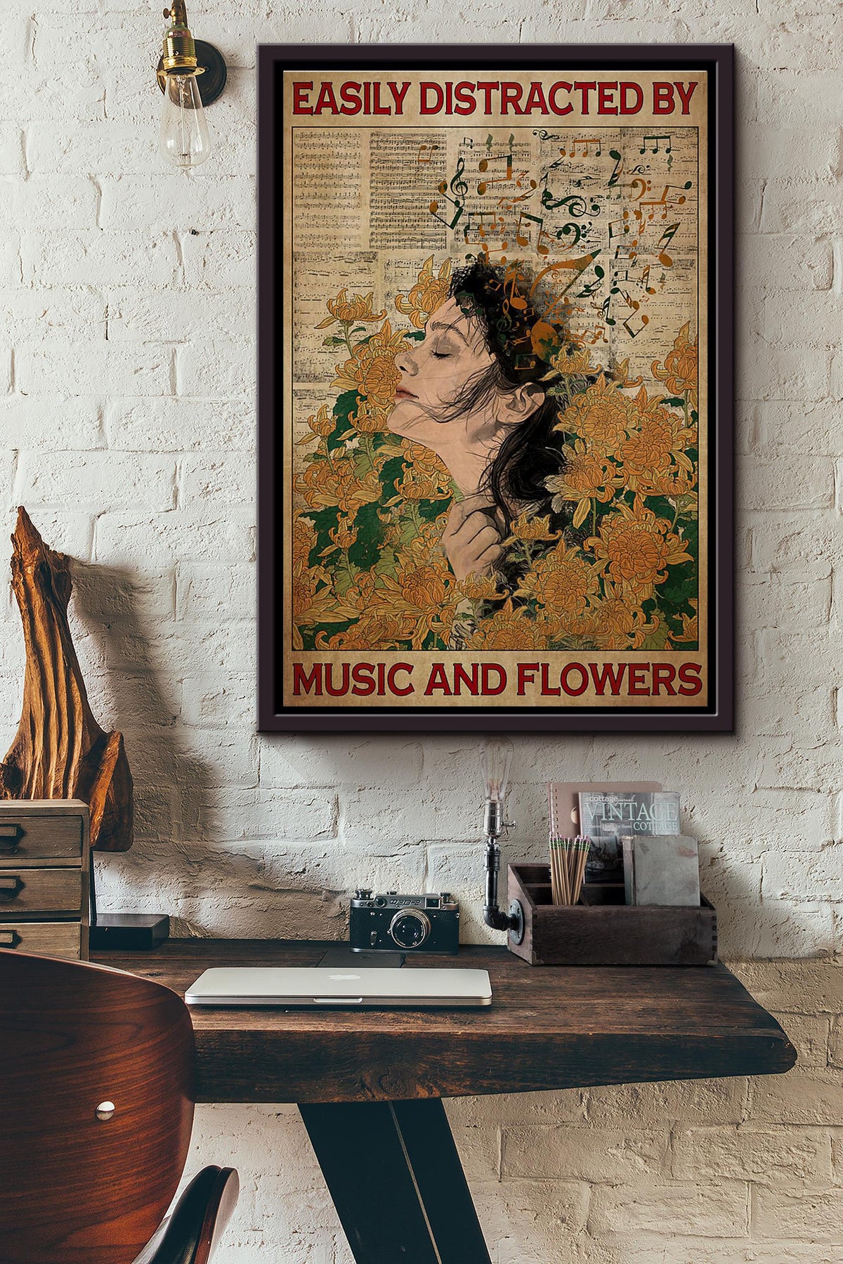 Easily Distracted By Music And Flowers Plant Girl Poster Framed Matte Canvas