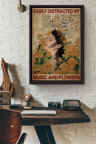 Easily Distracted By Music And Flowers Plant Girl Poster Framed Matte Canvas