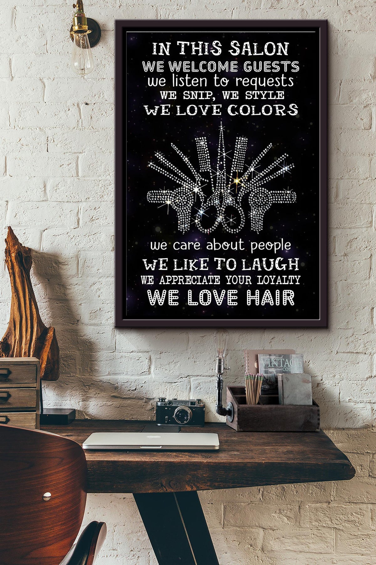 Hairstylist In This Salon We Welcome Guests And We Love Hair Hair Salon Poster Framed Matte Canvas