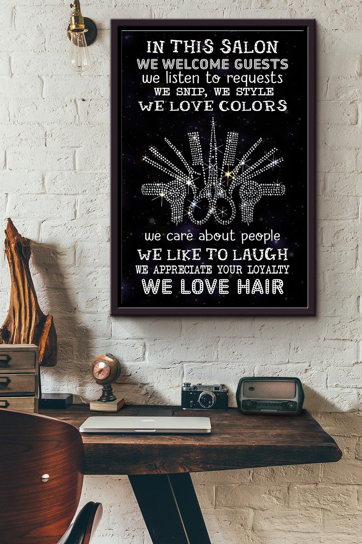 Hairstylist In This Salon We Welcome Guests And We Love Hair Hair Salon Poster Framed Matte Canvas