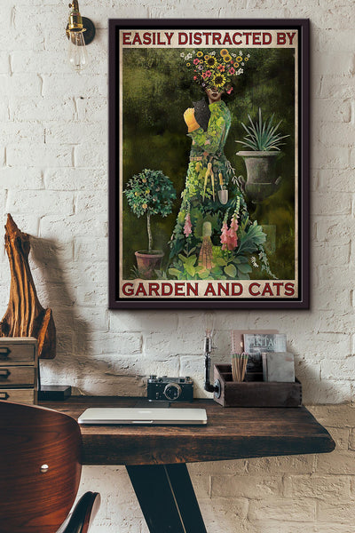 Easily Distracted By Garden And Cats Poster Framed Matte Canvas