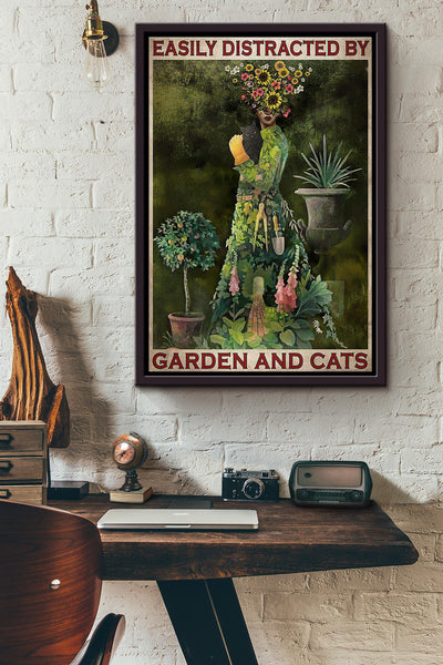 Easily Distracted By Garden And Cats Poster Framed Matte Canvas
