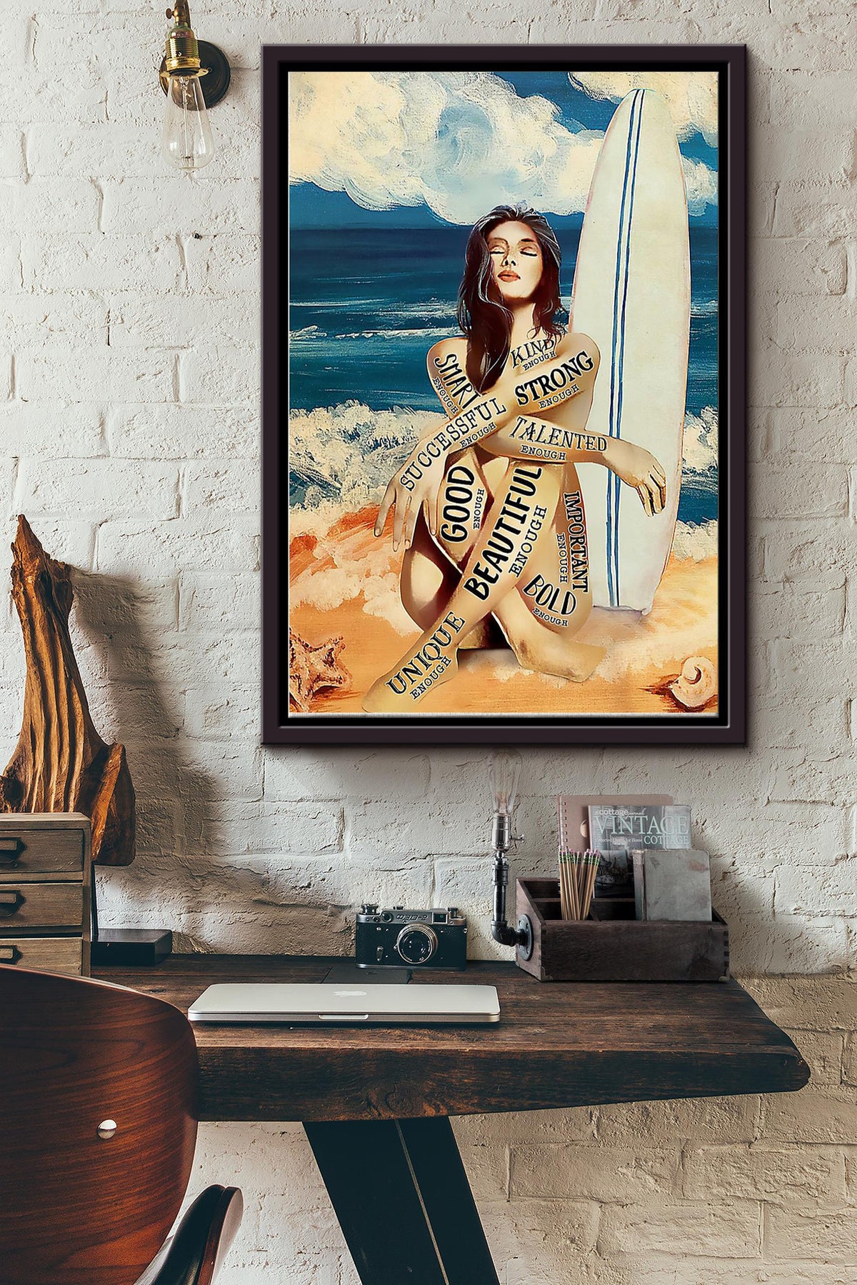 Surfing Girl On The Beach Art Poster Framed Matte Canvas