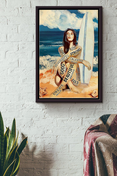 Surfing Girl On The Beach Art Poster Framed Matte Canvas