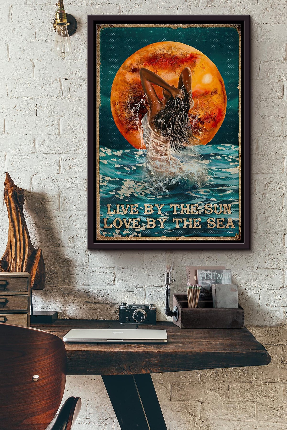 Mermaid Live By The Sun Love By The Sea Blood Moon Poster Framed Matte Canvas