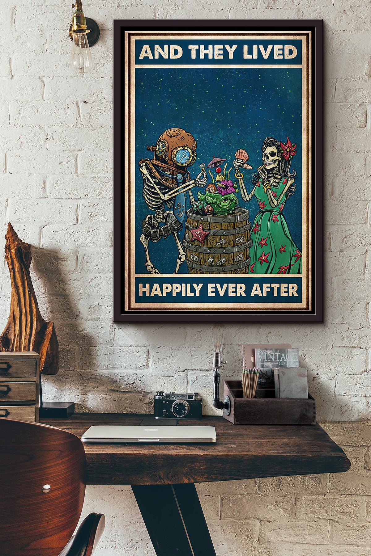 Scuba Skeleton Diver Couple They Lived Happily Ever After Poster Framed Matte Canvas