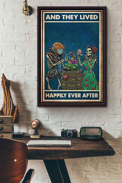 Scuba Skeleton Diver Couple They Lived Happily Ever After Poster Framed Matte Canvas