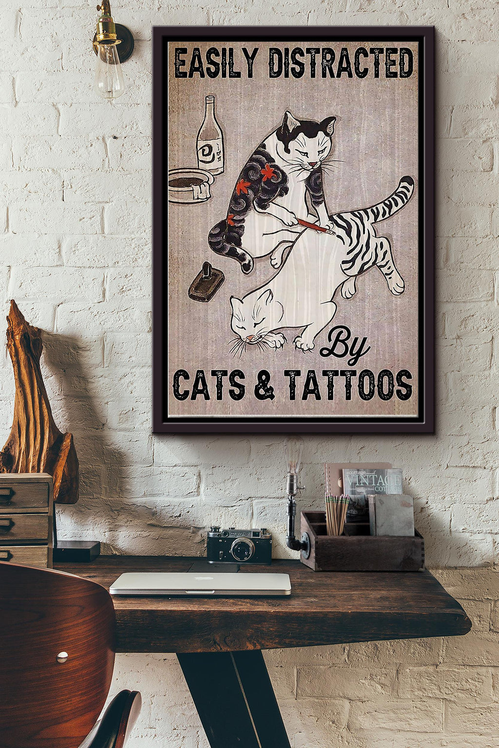 Easily Distracted By Cats And Tattoos Framed Matte Canvas