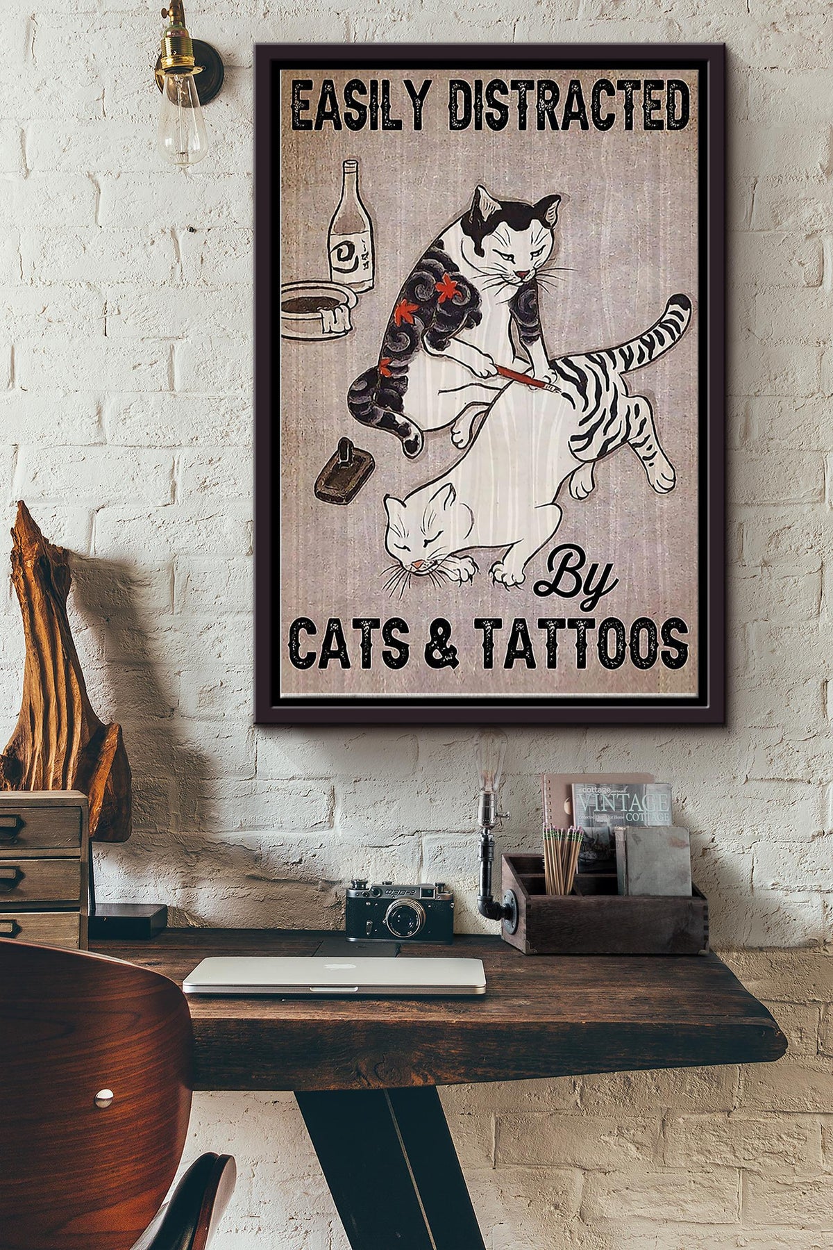 Easily Distracted By Cats And Tattoos Framed Matte Canvas