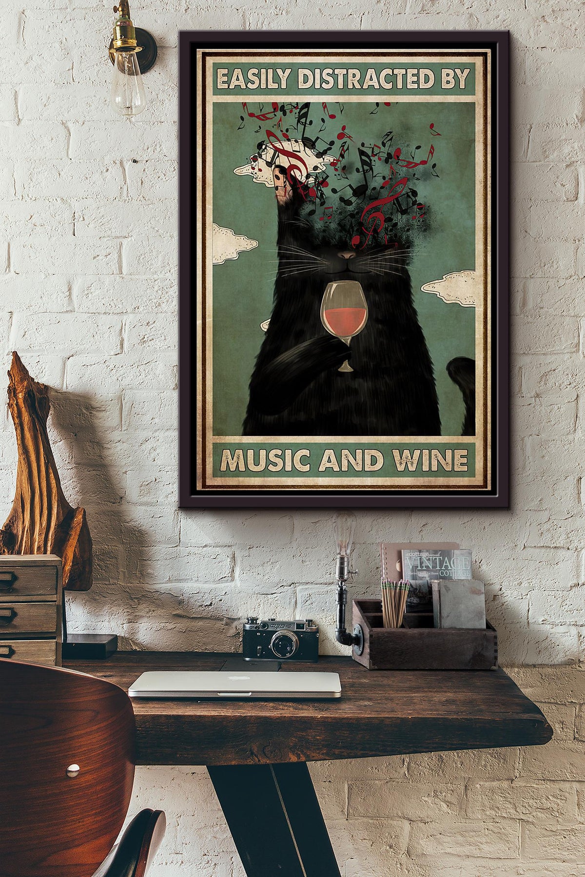Black Cat Easily Distracted By Music And Wine Poster Framed Matte Canvas