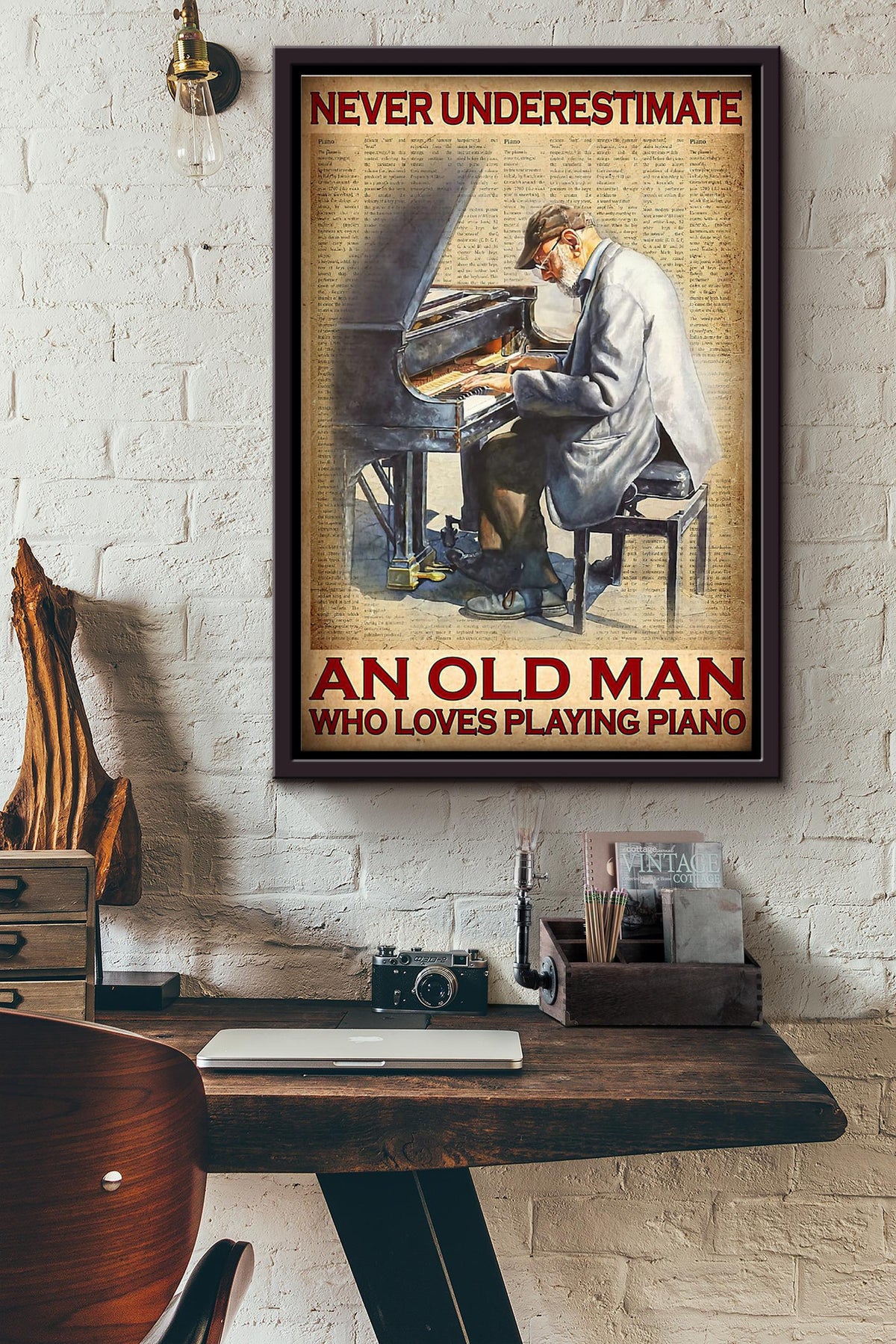 Never Underestimate An Old Man Who Loves Playing Piano Dictionary Poster Framed Matte Canvas