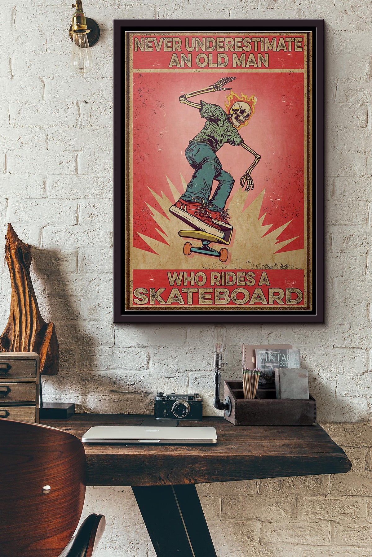 Skull Never Underestimate An Old Man Who Rides Skateboard Poster Framed Matte Canvas
