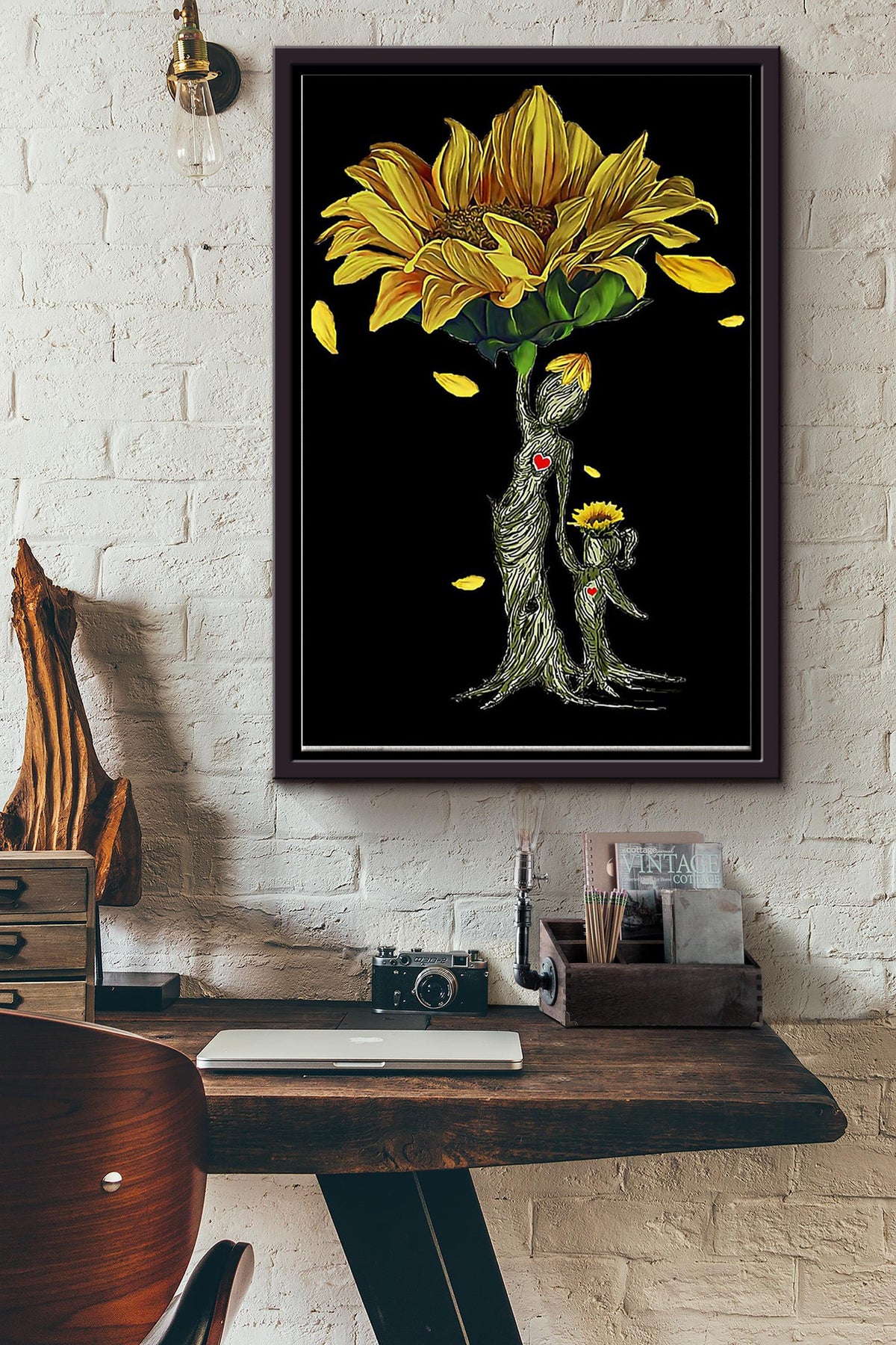 Sunflower Tree Mother And Daughter Poster Framed Matte Canvas