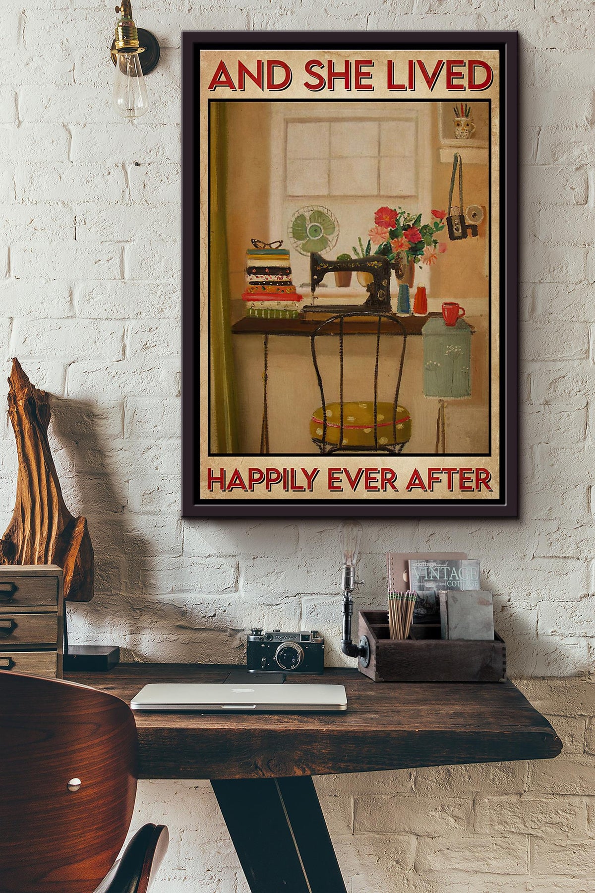 Sewing Room Flowers And She Lived Happily Ever After Poster Framed Matte Canvas
