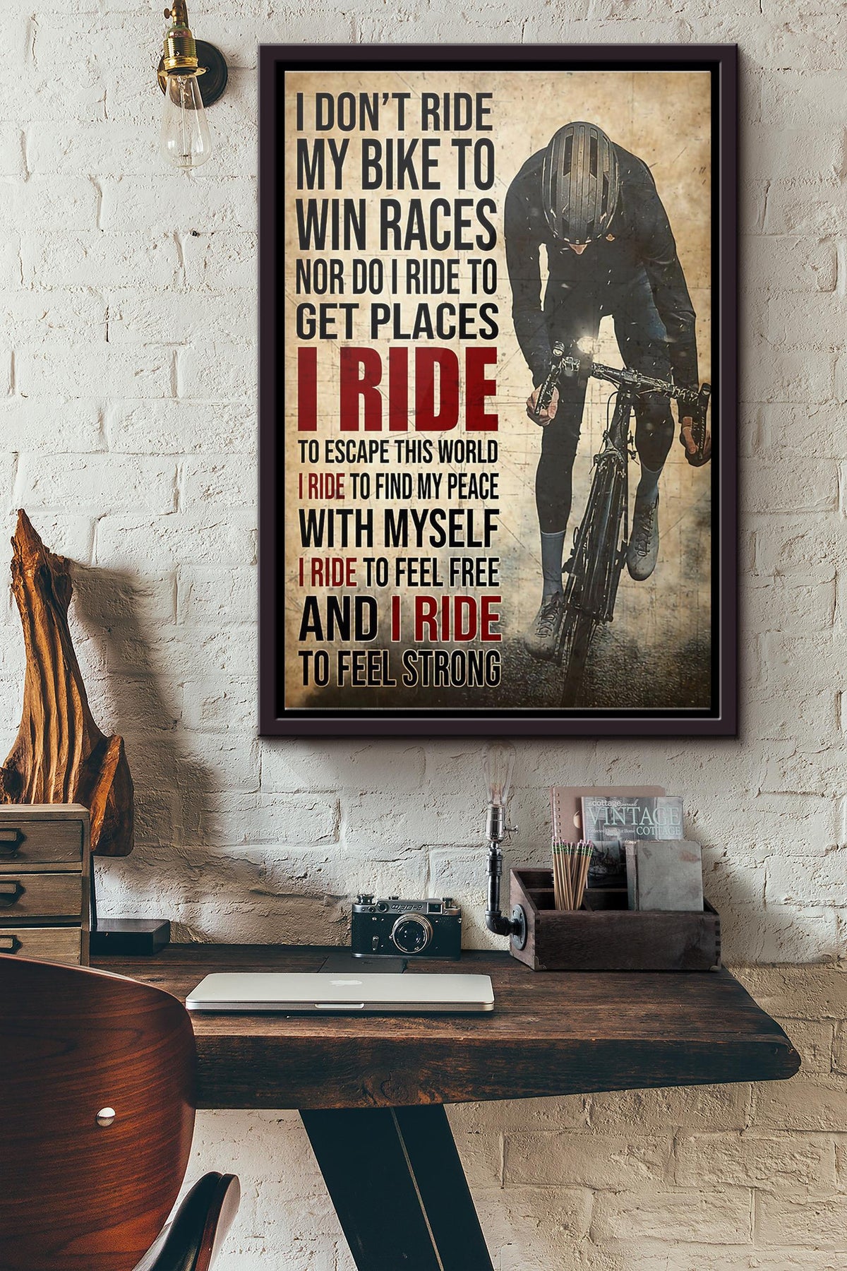 I Dont Ride My Bike To Win Races Nor Do I Ride To Get Places I Ride To Escape This World Poster Framed Matte Canvas