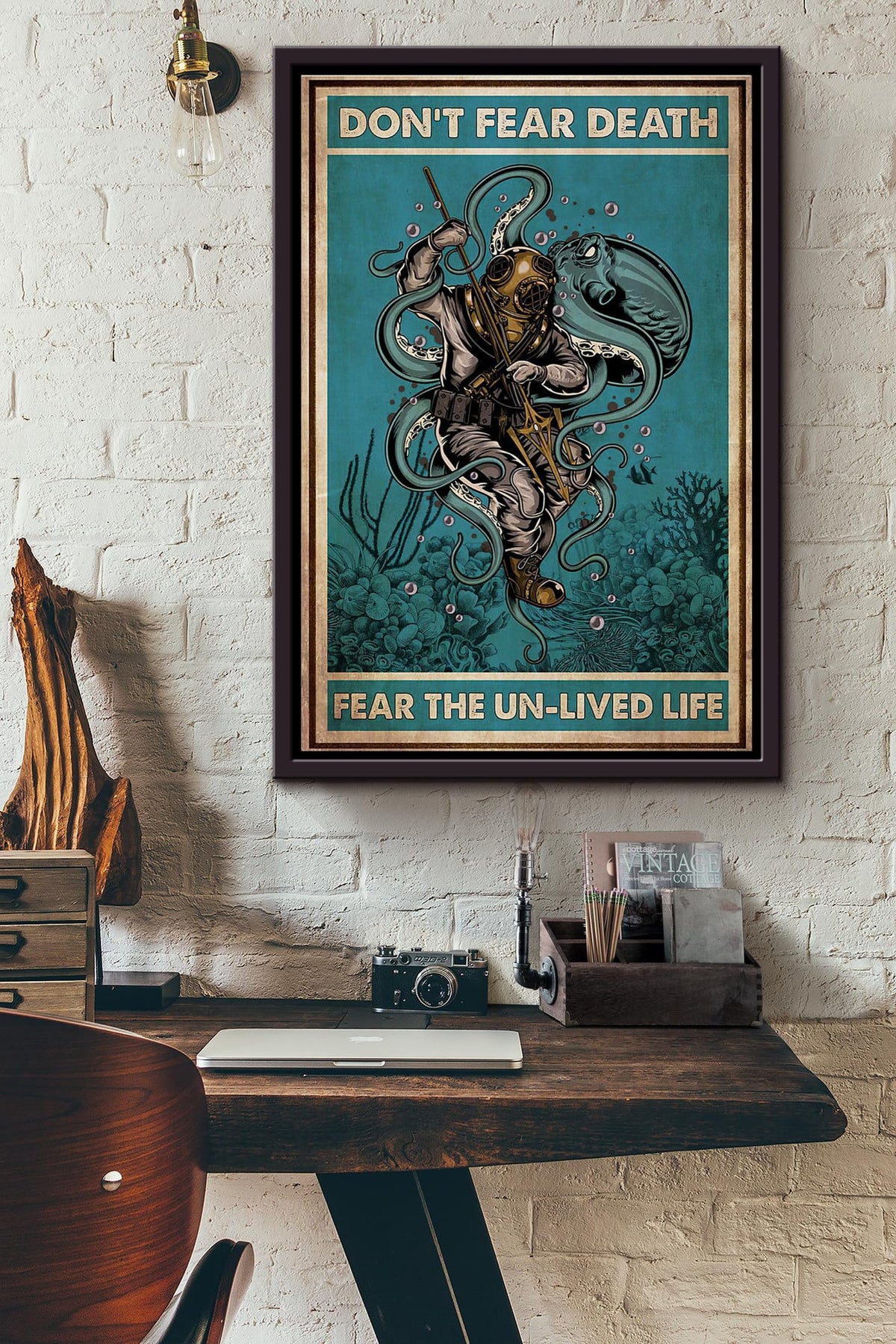 Scuba Diver Octopus Dont Fear Death Inspiration Poster Framed Matte Canvas