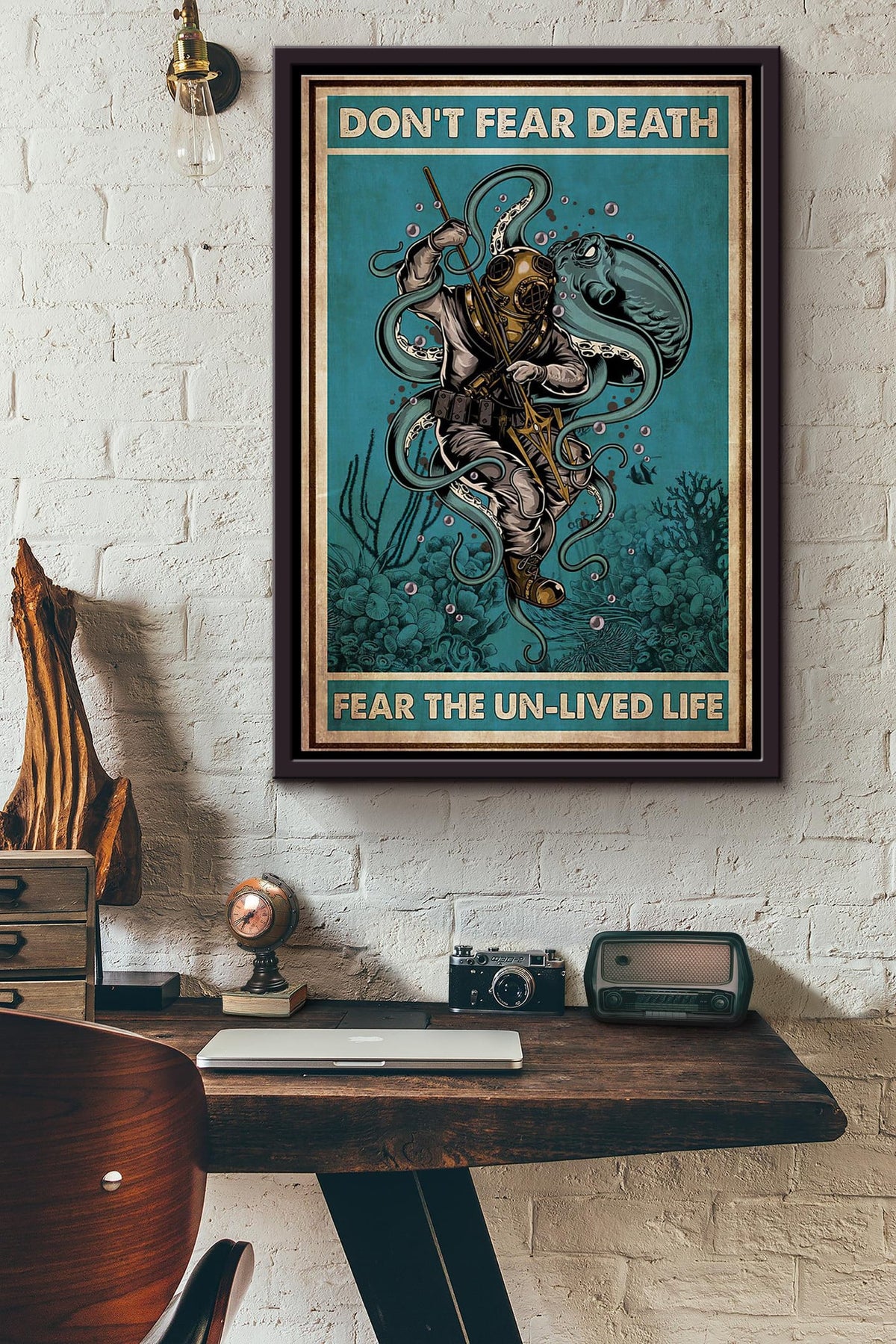Scuba Diver Octopus Dont Fear Death Inspiration Poster Framed Matte Canvas
