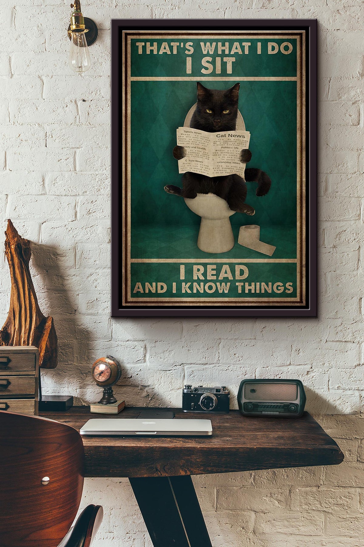 Cat Toilet Thats What I Do I Sit I Read And I Know Things Poster Framed Matte Canvas