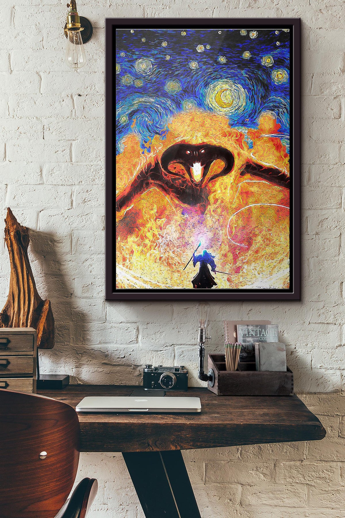 Balrog Lotr Fire Demon Starry Night Poster Framed Matte Canvas