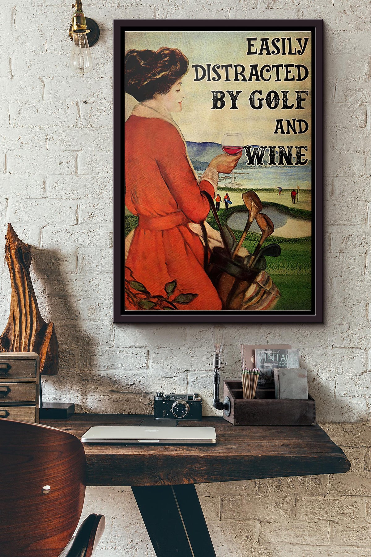 Girl Easily Distracted By Golf And Wine Poster Framed Matte Canvas